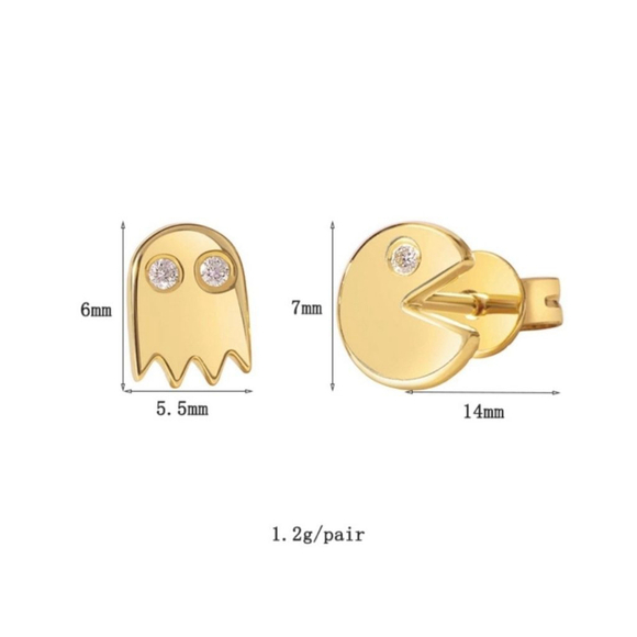 Mismatch 14k‎ Gold Filled Pac-Man Diamond Accent Stud Earrings - Picture 2 of 10